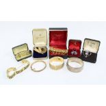Collection of vintage costume jewellery to include gold plated bangle and bracelets, Caithness glass