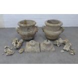 Pair of early garden urns, socle base, (A/F) 63 x 59cm. (2)