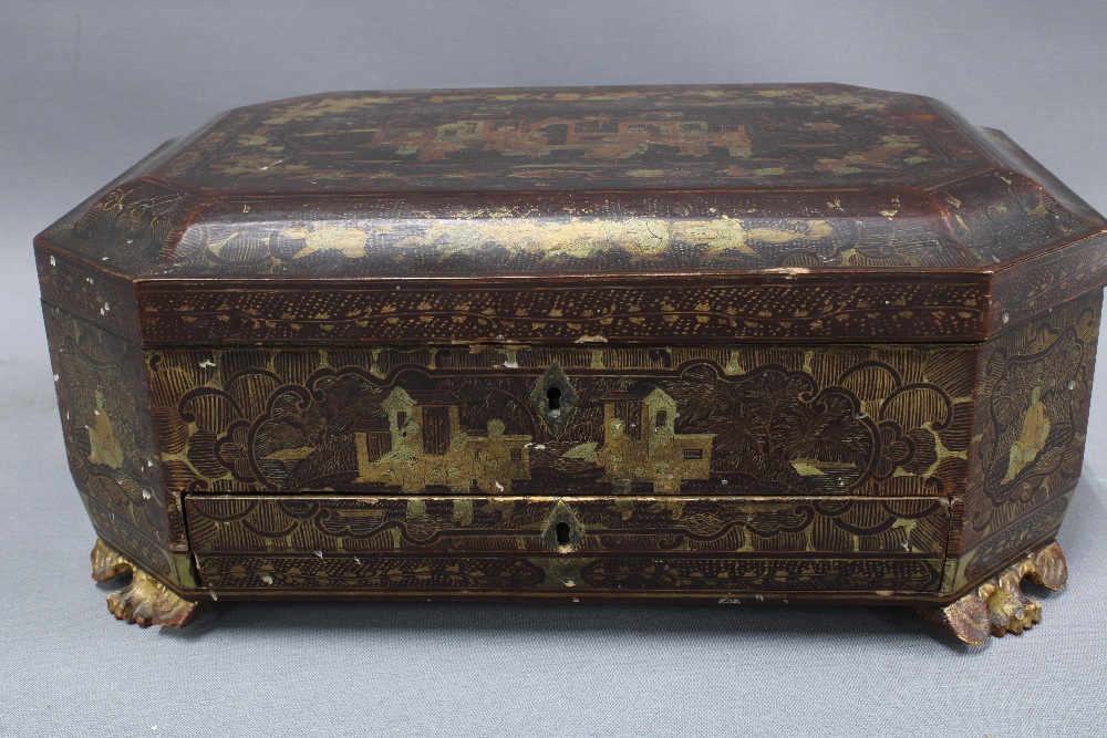 19th century Chinese gilt lacquered box, the hinged lid with canted corners, opening to reveal a - Image 4 of 5