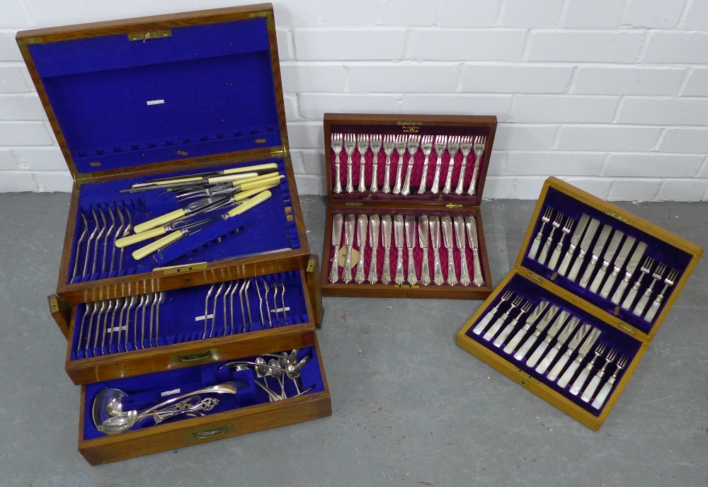 Early 20th century oak canteen, three drawers containing a part suite of Epns flatware together with