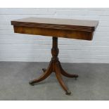 Reproduction fold over card table on outswept reeded legs with brass caps and castors, 75 x 85cm