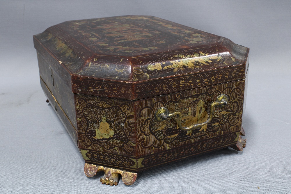 19th century Chinese gilt lacquered box, the hinged lid with canted corners, opening to reveal a - Image 5 of 5