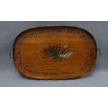 Edwardian painted satinwood tray, oval form with wavy rim and twin brass handles, painted centre (