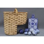 Collection of modern blue and white carpet bowls, a blue and white ceramic cheese board and a