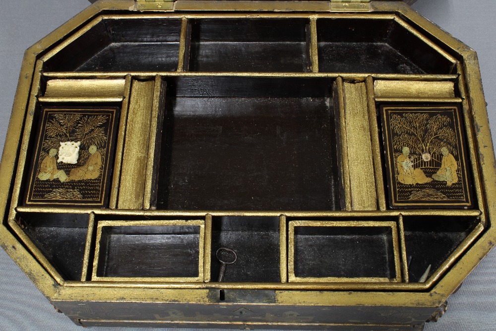 19th century Chinese gilt lacquered box, the hinged lid with canted corners, opening to reveal a - Image 3 of 5
