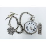 Silver open faced pocket watch with silver albert watch chain and silver fob medal together with a