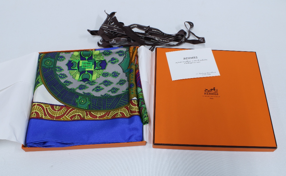 Hermes Silk Scarf, Art des Steppes, designed by Annie Faivre, with Hermes orange box, ribbon and