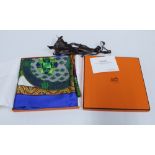 Hermes Silk Scarf, Art des Steppes, designed by Annie Faivre, with Hermes orange box, ribbon and