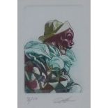 Pierrot clown, coloured etching, signed indistinctly and numbered 3/10, framed under glass, 7 x 5cm
