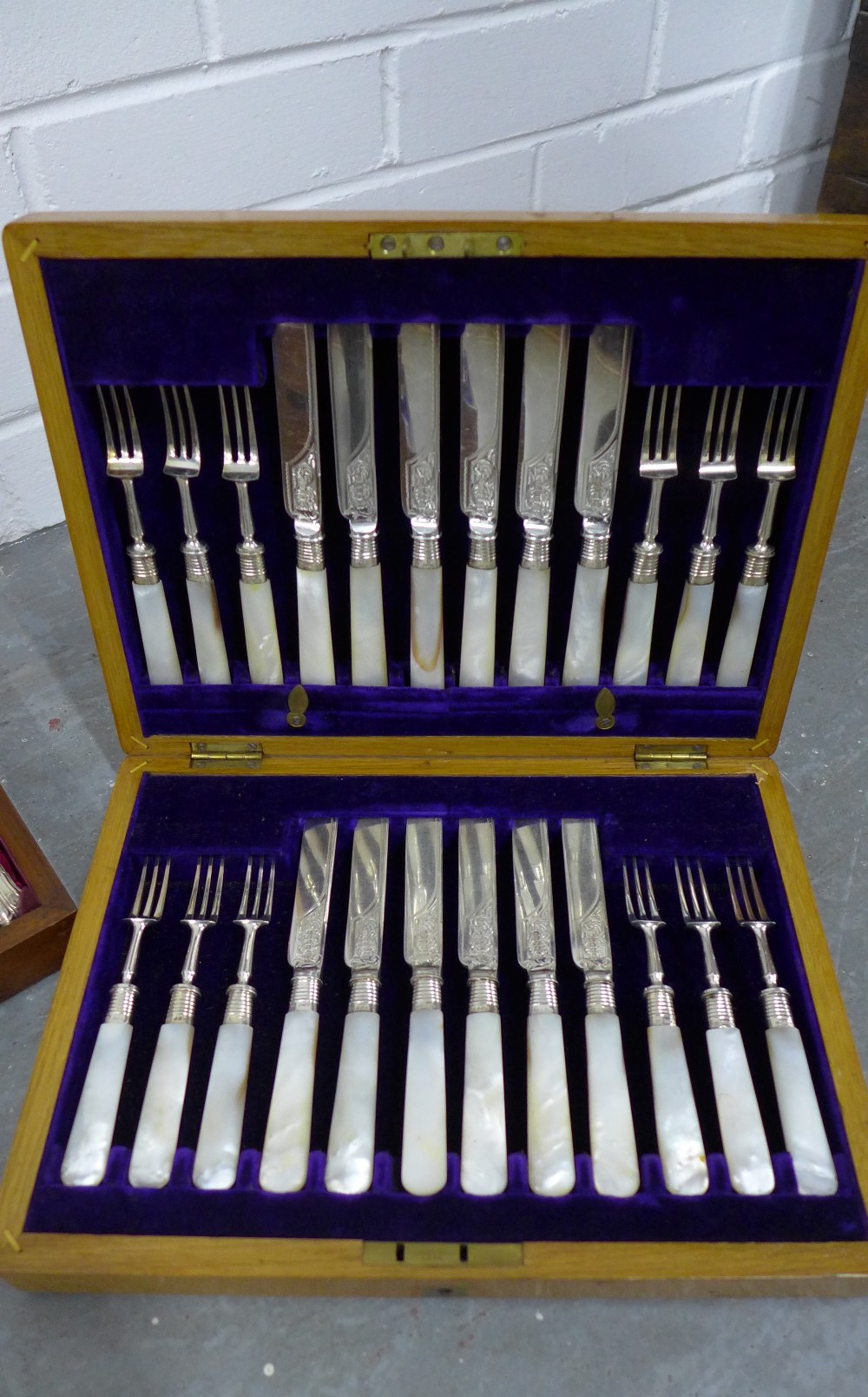 Early 20th century oak canteen, three drawers containing a part suite of Epns flatware together with - Image 4 of 4