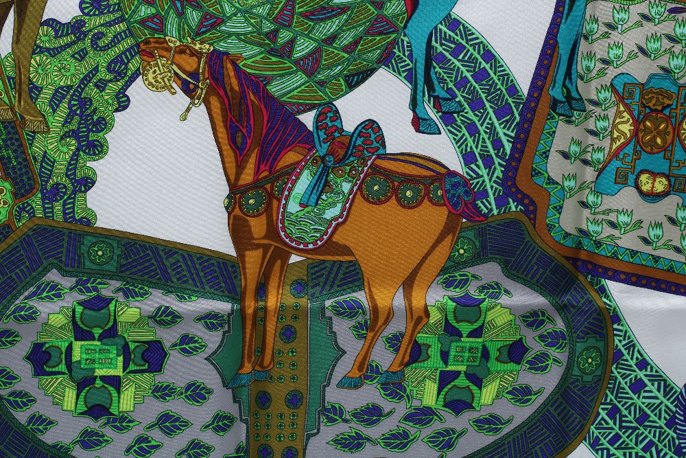 Hermes Silk Scarf, Art des Steppes, designed by Annie Faivre, with Hermes orange box, ribbon and - Image 3 of 5