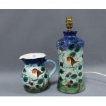 Studio pottery jug 17cm tall, and table lamp base with robin red breast pattern, (2)