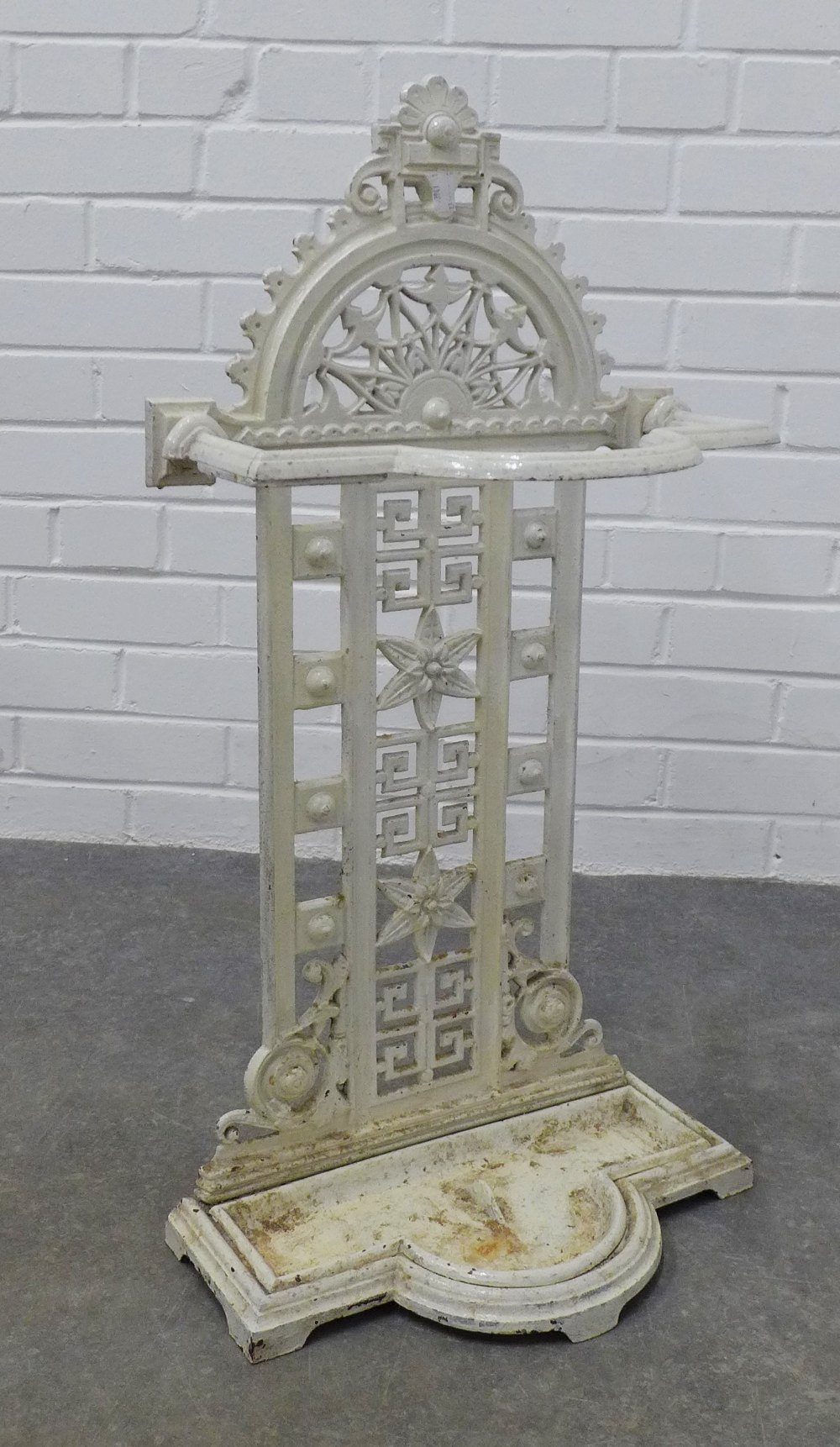 Victorian white painted iron stick stand with Aesthetic pattern, 75 x 36