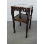 Chinese mother of pearl inlaid two tier table, with inset square hardstone top, on square legs and