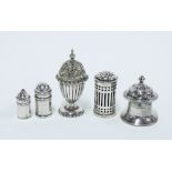 Miniature silver salt and pepper pots, Chester 1923, Birmingham silver pepper pot with blue glass