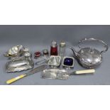 Cranberry glass and Epns cruet set with sugar castor together with aa selection of Epns wares to