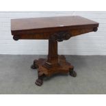 19th century mahogany tea table, foldover rectangular top over a frieze with carved acanthus