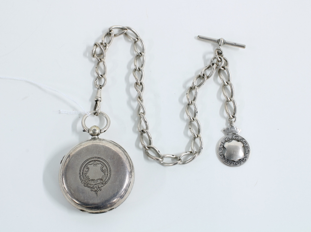 Victorian silver case pocket watch, open face with roman numerals and outer railway minute track,