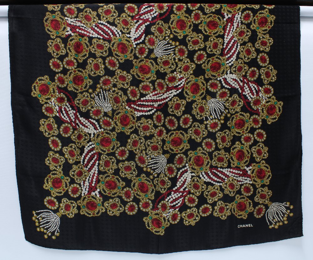 Chanel silk scarf, black ground with ruby and emerald jewel pattern, 85 x 85cm