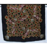 Chanel silk scarf, black ground with ruby and emerald jewel pattern, 85 x 85cm