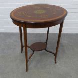 Edwardian mahogany and satin inlaid occasional table, the oval top with lyre harps and flower