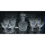 Cut glass spirit decanter and stopper and set of eight goblet glasses (9)