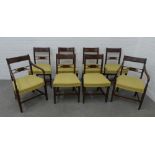 Set of eight 19th century mahogany chairs with tablet backs and foliate cross stretchers, yellow