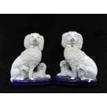 A pair of 19th century Staffordshire dogs with pups, on a blue cushion base (2) 20cm.