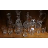 Collection of glass decanters with stoppers and a selection of drinking glasses (12)