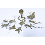Ten various brass animals and insects to include a cobra, 7cm high, lizard, butterfly and spider