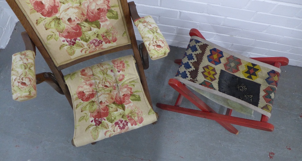 Early 20th century mahogany folding chair together with a folding Kelim stool. 97 x 56cm. (2) - Image 2 of 2