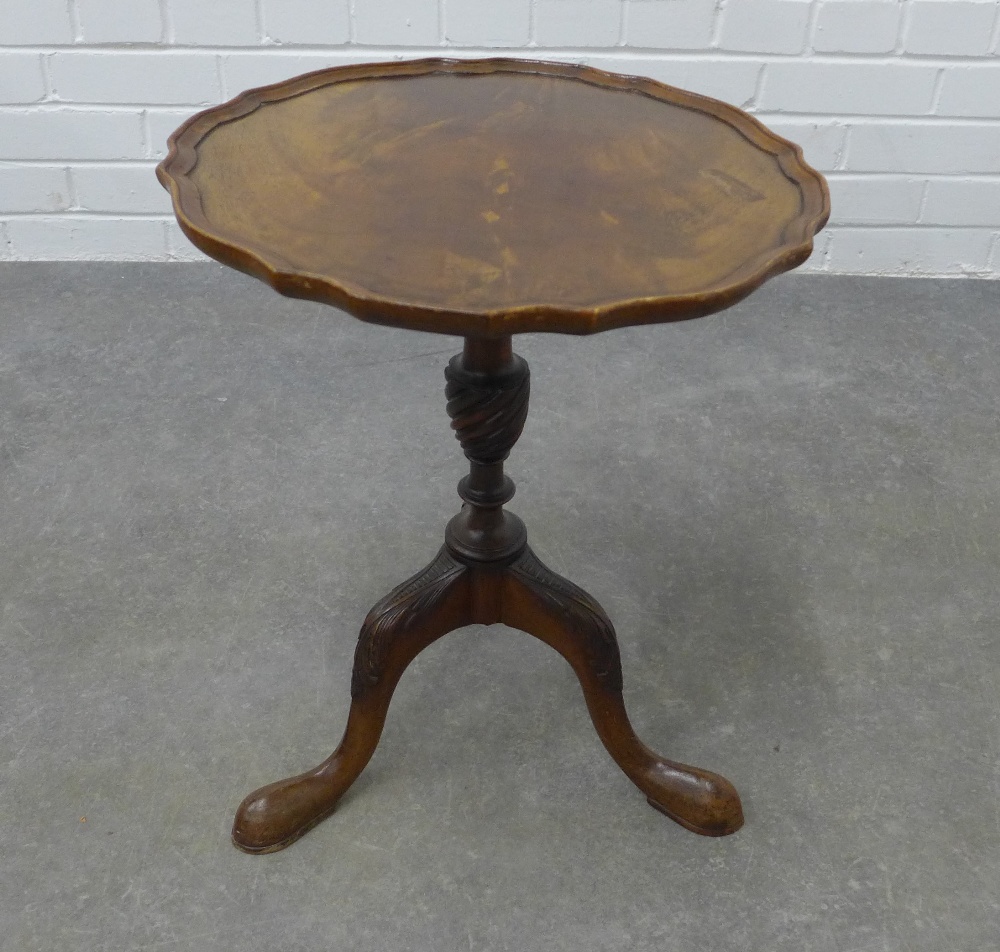 Mahogany tripod wine table, circular top with pie crust edge, 30 x 40cm