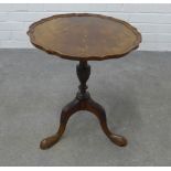 Mahogany tripod wine table, circular top with pie crust edge, 30 x 40cm