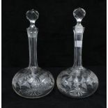 Pair of globe and shaft glass decanters with stoppers, etched fruit and vine pattern (2)