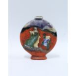 Japanese Sumida Gawa type vase of flask form decorated with two figures, one playing a flute the