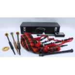 20th Century Lowland Scotland bagpipes, with nickel mounts, tartan bag and a chanter stamped 'R.G.