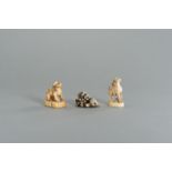 A GROUP OF THREE IVORY NETSUKE OF MYTHICAL ANIMALS