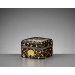 A RARE BLACK AND GOLD-LACQUERED KOBAKO AND COVER WITH SHIMAZU MONS