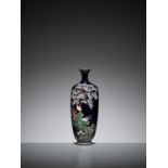 A MIDNIGHT BLUE CLOISONNE ENAMEL VASE WITH CHERRY TREE AND FLOWERS