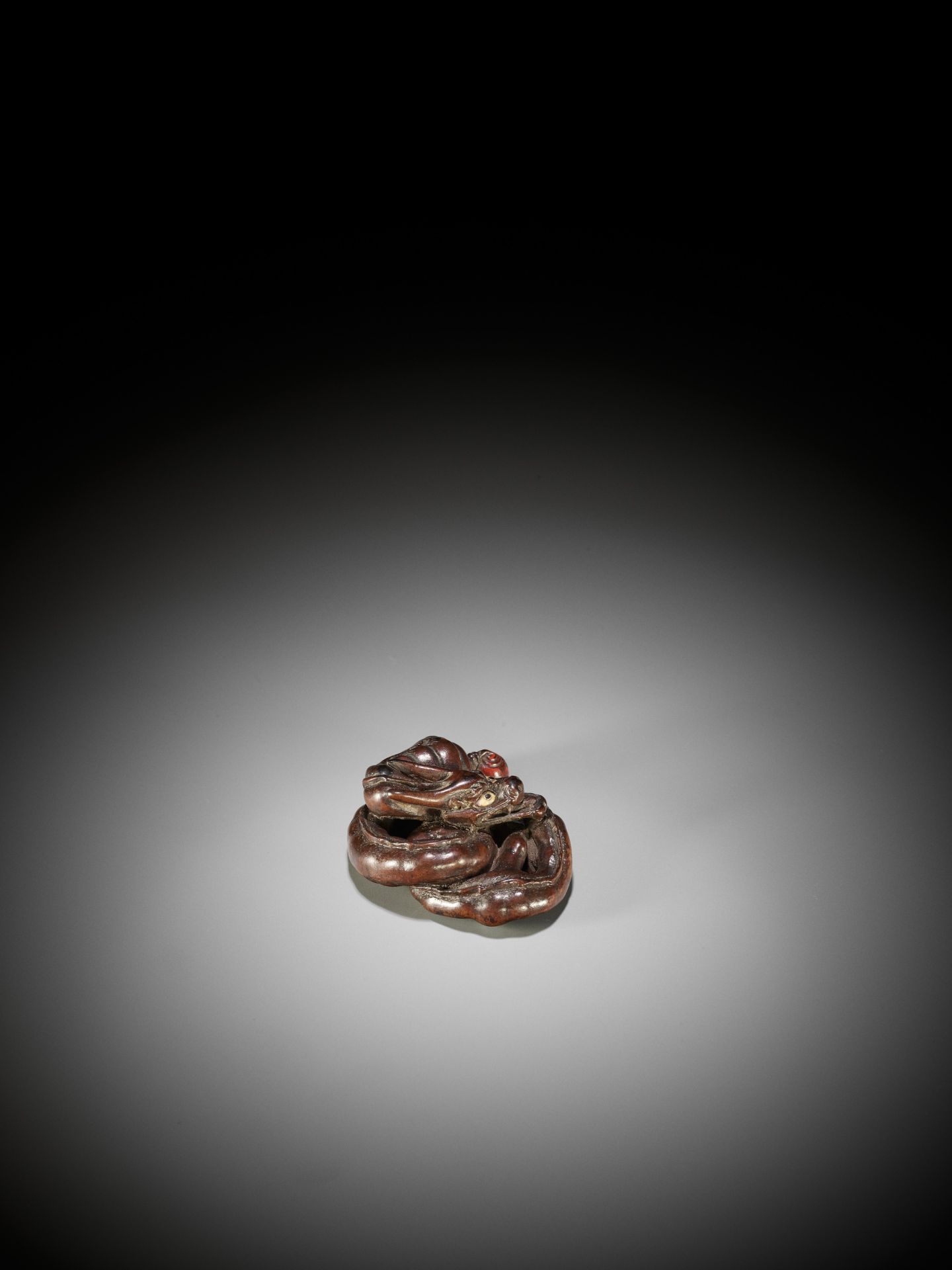 HIDARI ISSAN: A SUPERB WOOD NETSUKE OF A SMOOTH DRAGON - Bild 12 aus 15