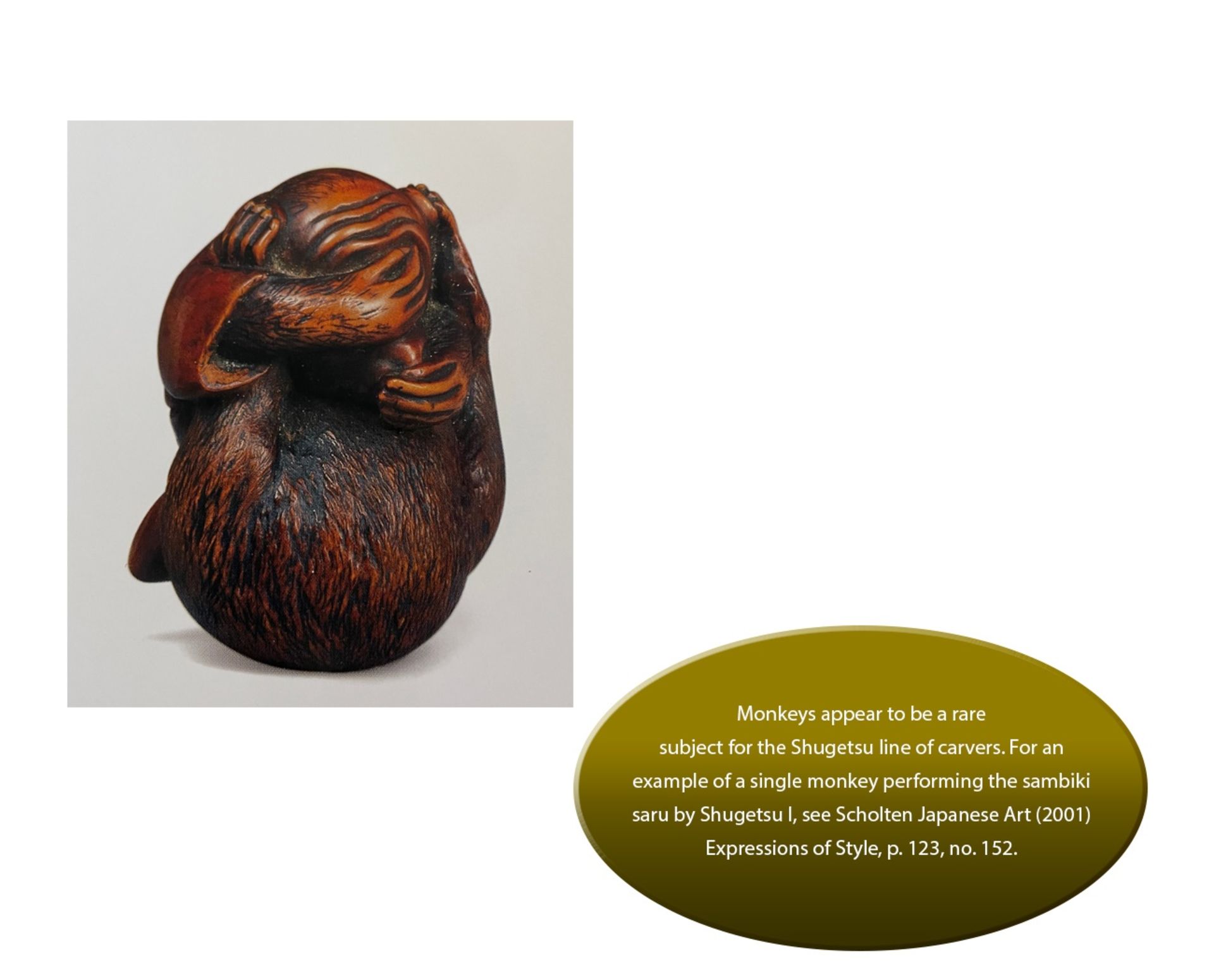 SHUGETSU: A FINE WOOD NETSUKE OF THE SAMBIKI SARU (THREE WISE MONKEYS) - Bild 12 aus 12