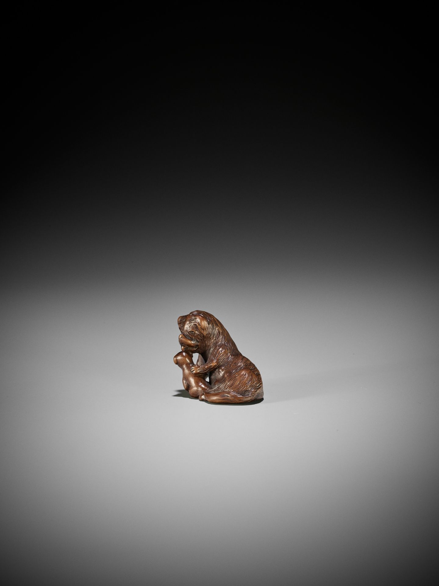 A FINE WOOD NETSUKE OF A SHAGGY DOG WITH PUP - Bild 6 aus 10