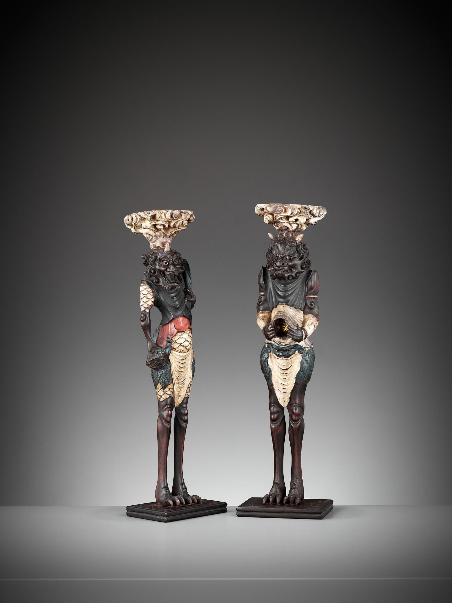 A PAIR OF PAINTED AND LACQUERED WOOD FIGURAL CANDLESTICKS DEPICTING ONI - Image 5 of 12