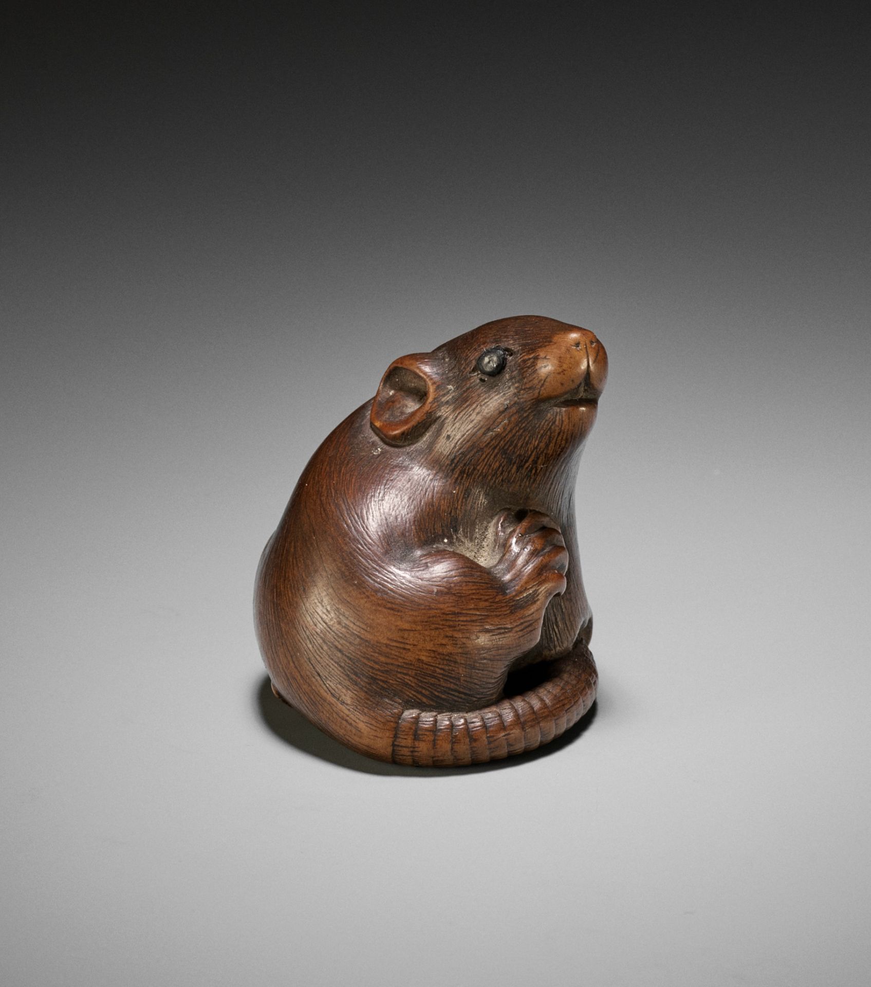 MASANAO: A SUPERB WOOD NETSUKE OF A RAT