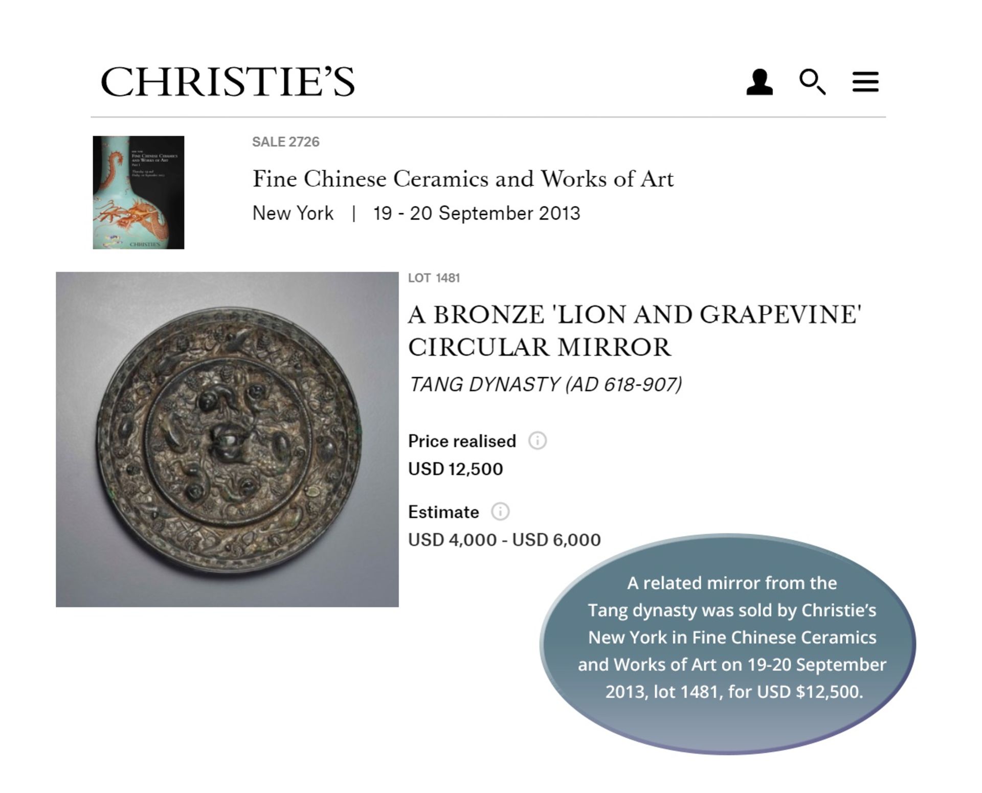 A BRONZE 'LION AND GRAPEVINE' MIRROR, FIVE DYNASTIES - Bild 3 aus 3