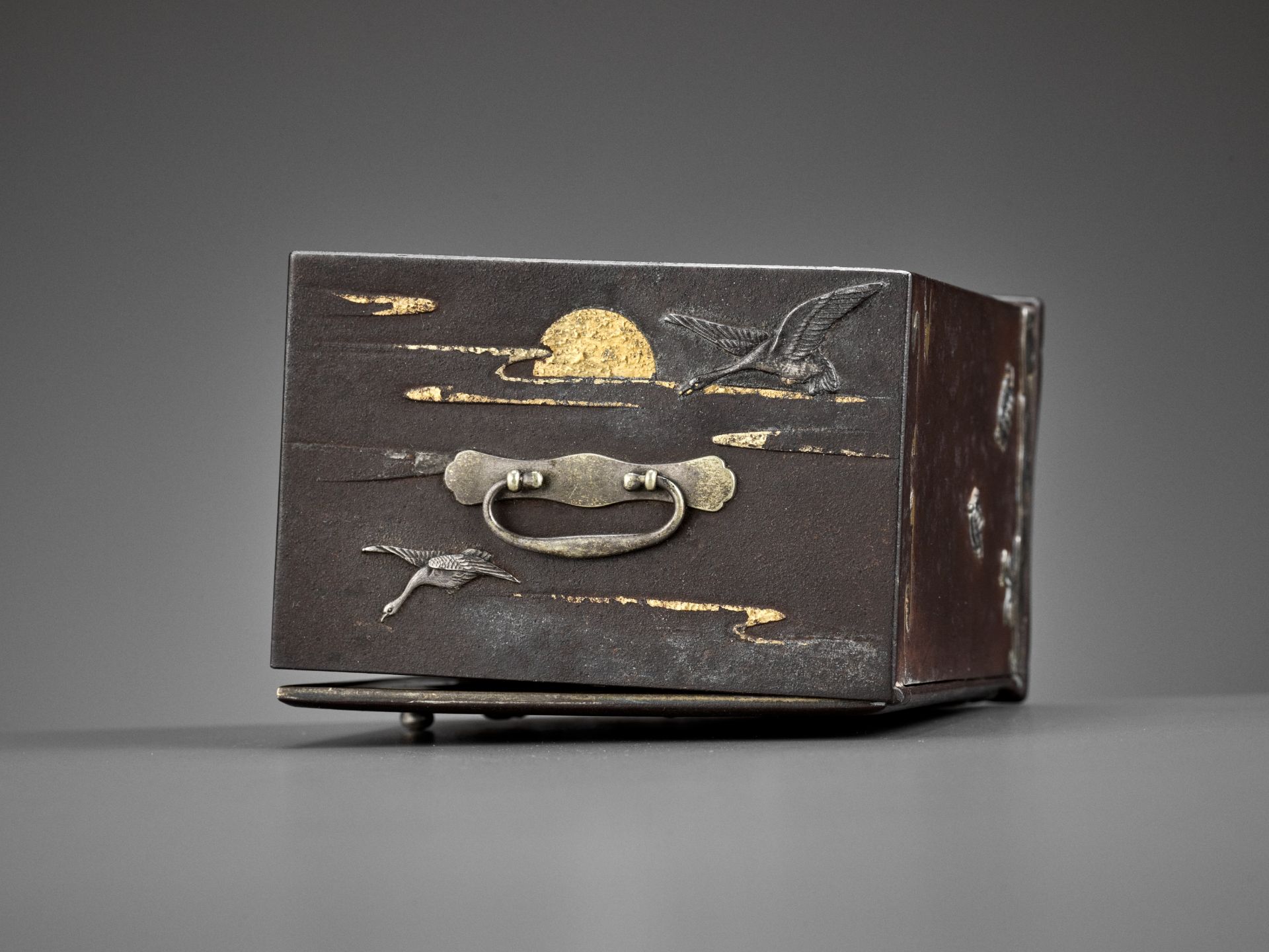 AN EXCEPTIONALLY RARE INLAID IRON MINIATURE KODANSU (CABINET) WITH TURTLES AND CRANES - Image 3 of 11