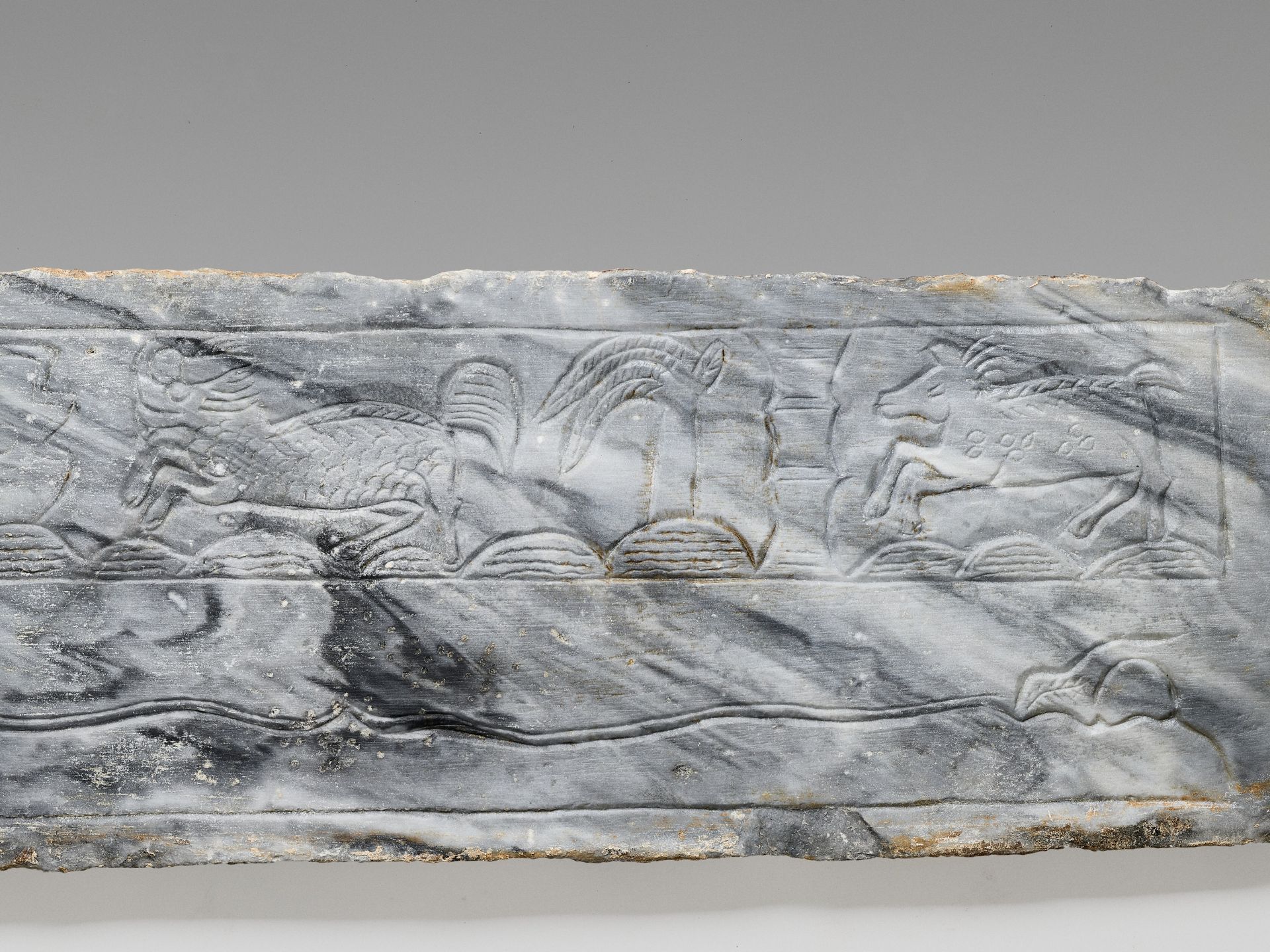 TWO 'MYTHICAL BEAST' MARBLE PANELS, FRAGMENTS OF A FUNERARY STRUCTURE, TANG TO JIN DYNASTY - Image 2 of 9
