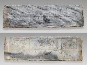 TWO 'MYTHICAL BEAST' MARBLE PANELS, FRAGMENTS OF A FUNERARY STRUCTURE, TANG TO JIN DYNASTY