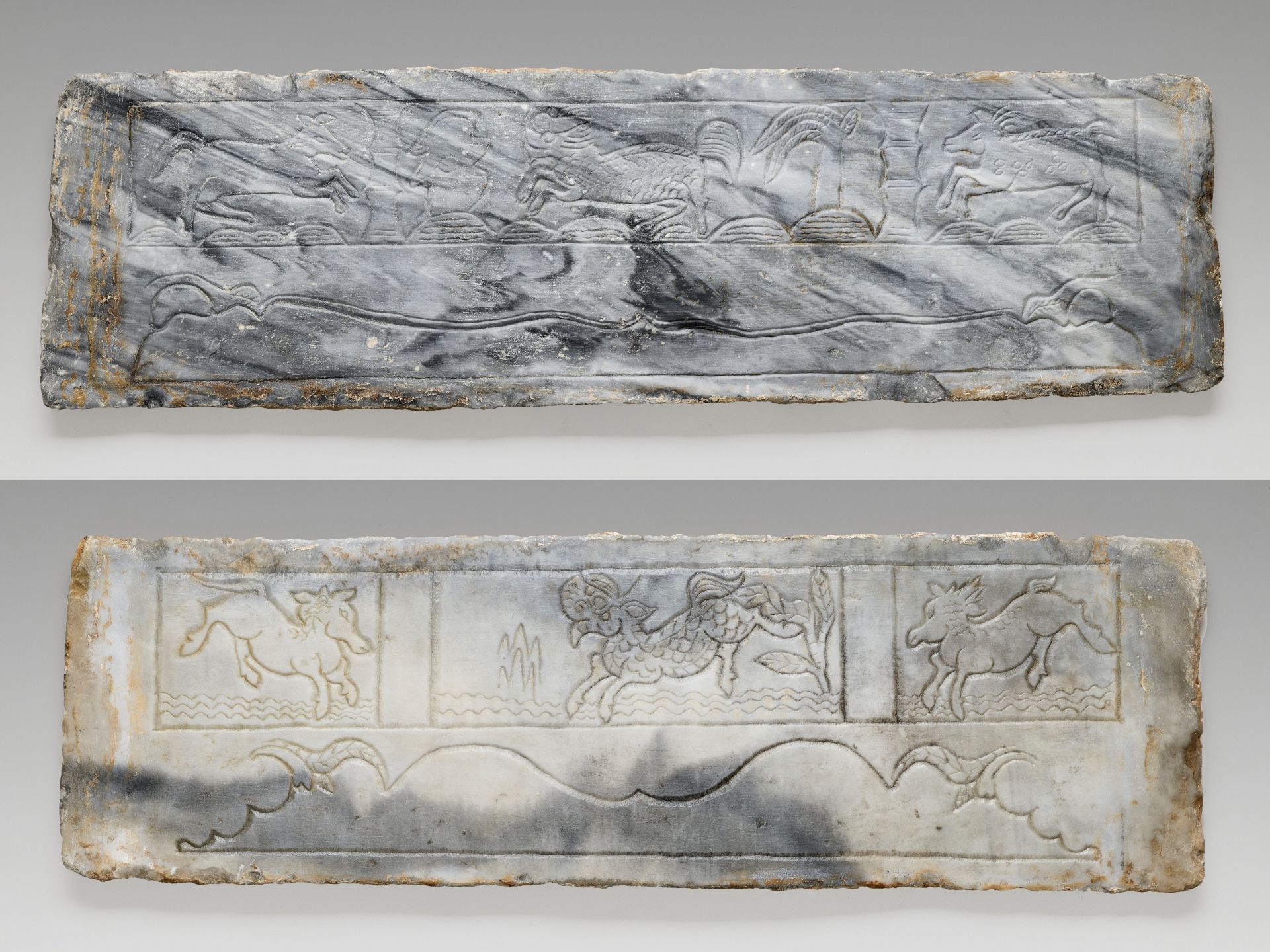 TWO 'MYTHICAL BEAST' MARBLE PANELS, FRAGMENTS OF A FUNERARY STRUCTURE, TANG TO JIN DYNASTY