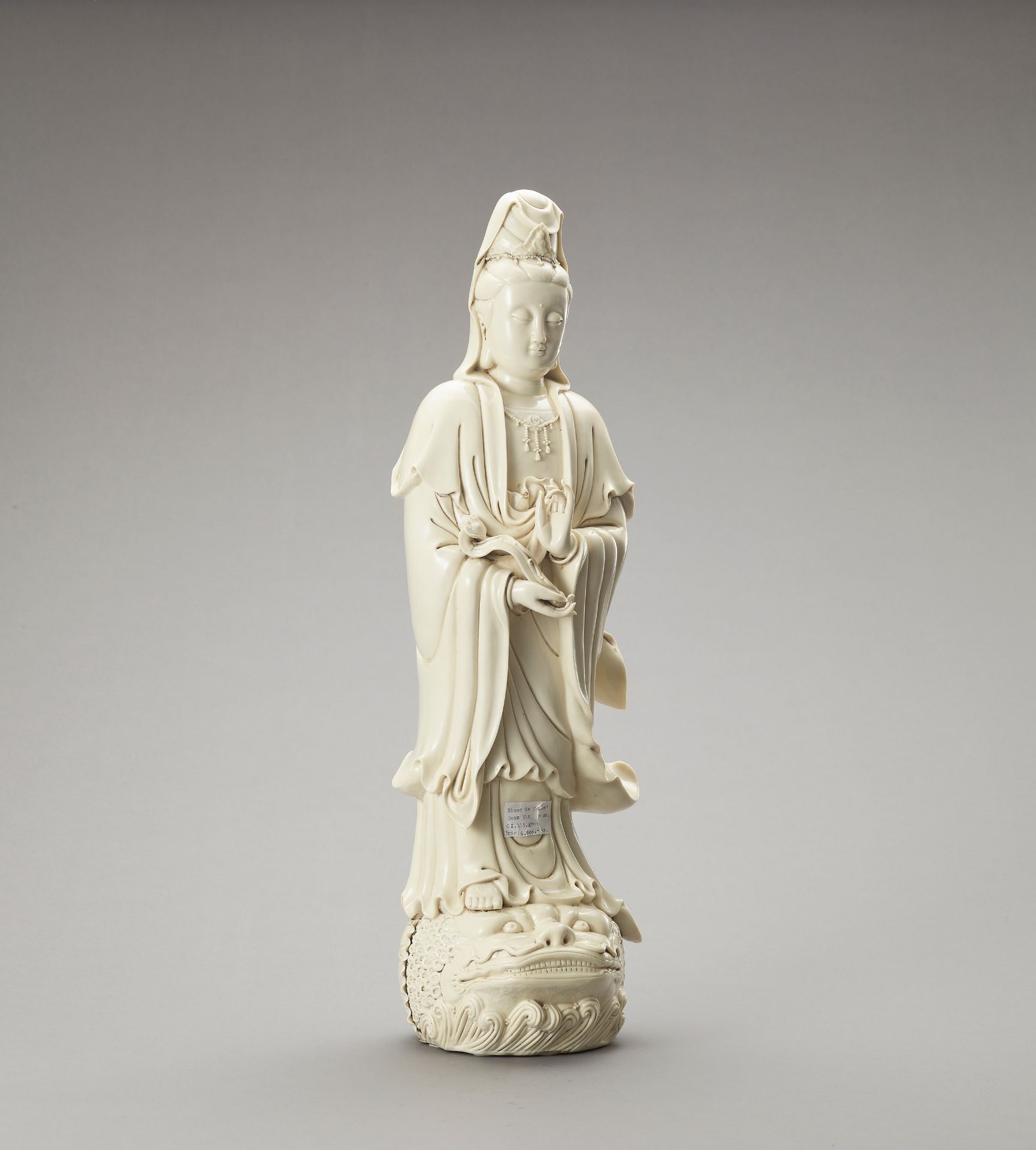 AN IMPRESSIVE AND VERY LARGE BLANC DE CHINE PORCELAIN FIGURE OF GUANYIN